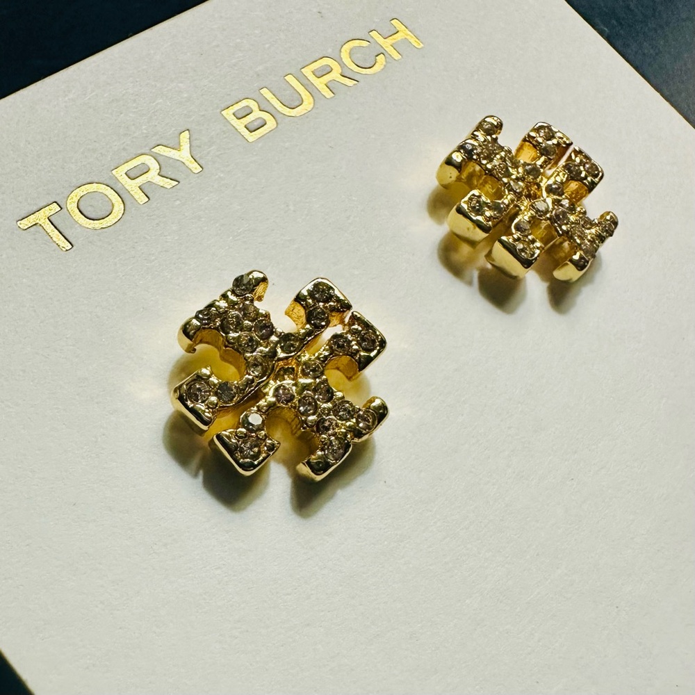 New Authentic TORY BURCH KIRA CRYSTAL LOGO STUD EARRINGS Gold on TB Earring Card
